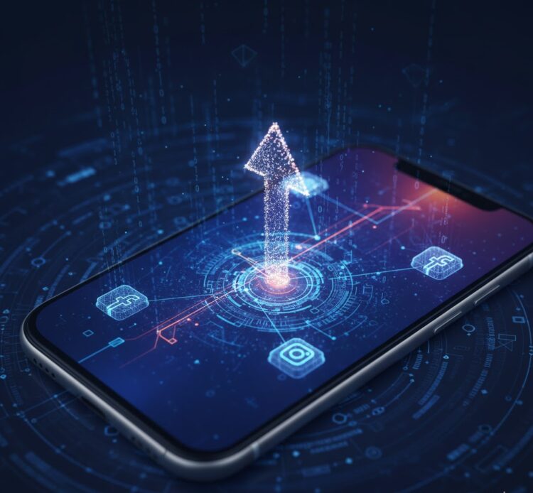 Μια ψηφιακή σύνθεση που δείχνει τη ροή δεδομένων και τα εικονίδια των δημοφιλών κοινωνικών δικτύων, συμβολίζοντας την αναβάθμιση των αλγορίθμων για το έτος 2026.