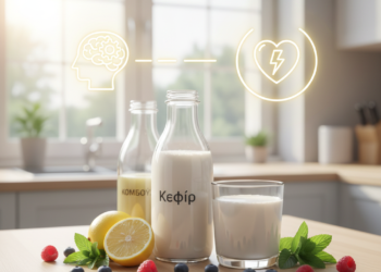 Ένα ποτήρι φρέσκο κεφίρ και μπουκάλι κομπούχα δίπλα σε φρούτα και βότανα σε μια φωτεινή κουζίνα