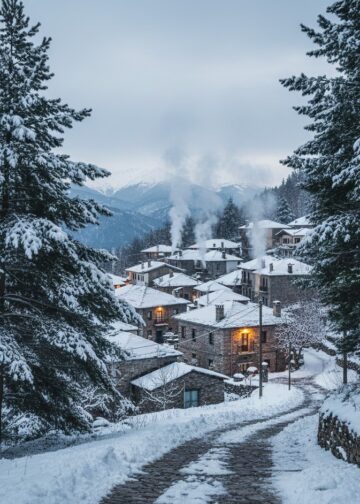 Χιονισμένο παραδοσιακό χωριό στην ορεινή Ελλάδα με πέτρινα σπίτια και τζάκια που καπνίζουν