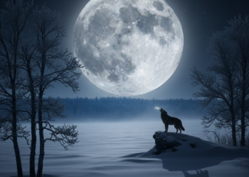 Μια εντυπωσιακή πανσέληνος στον νυχτερινό ουρανό πάνω από χιονισμένο τοπίο με σκιές δέντρων