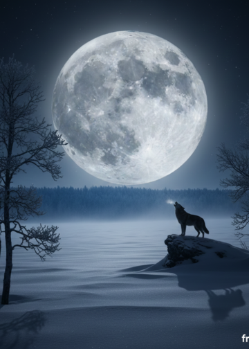 Μια εντυπωσιακή πανσέληνος στον νυχτερινό ουρανό πάνω από χιονισμένο τοπίο με σκιές δέντρων