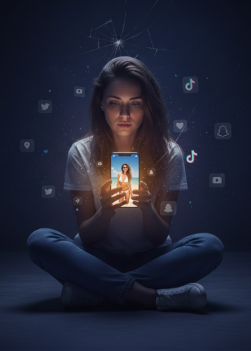 Μια γυναίκα κοιτάζει το κινητό της με σκεπτικό ύφος ενώ γύρω της υπάρχουν θολές εικόνες από social media προφίλ